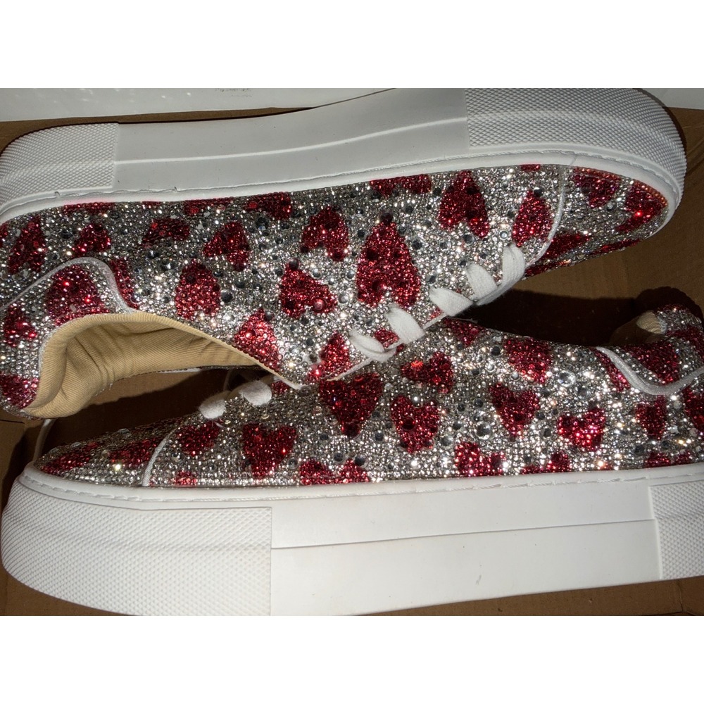 Betsey Johnson Womens Rhinestone Heart Sneakers Silver Red‎ White Size 10 Suton